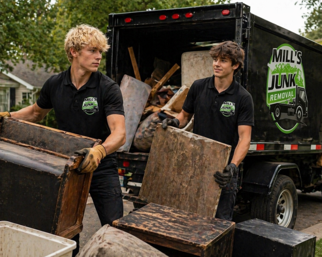 Mill's Junk Removal team loading a truck