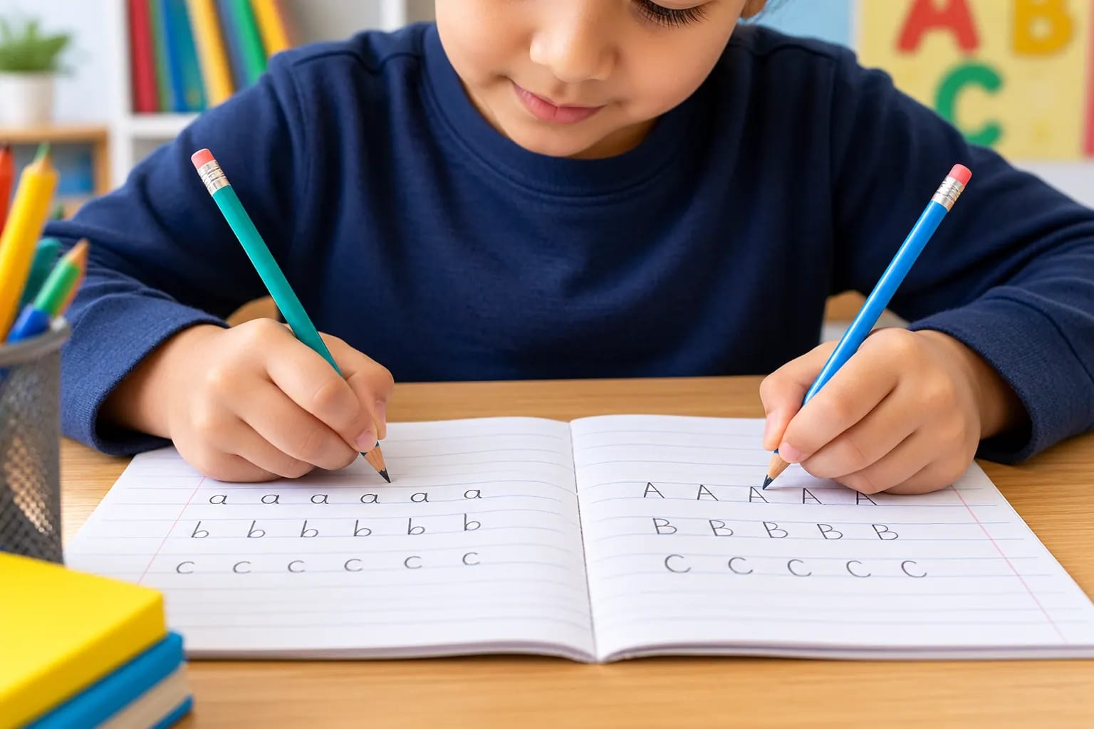Orphosys students writing with both hands during class 