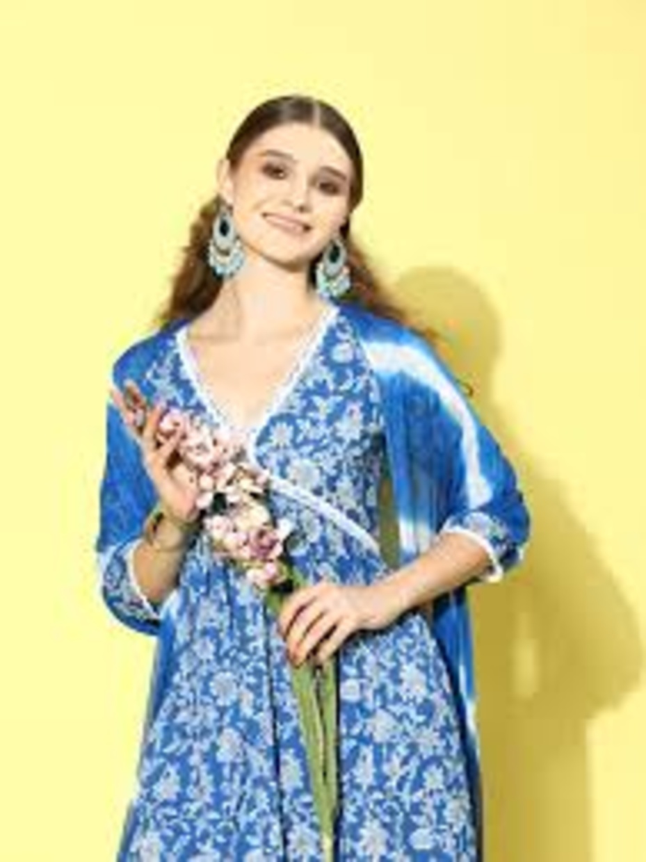 blue Cotton Silk Puff Sleeve Straight Cut Kurta 1