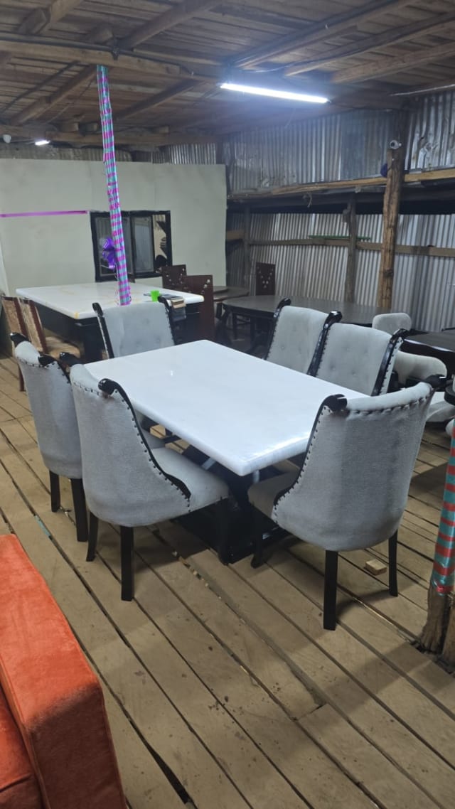 White Gloss Dining Set with 6 Tufted Grey Chairs