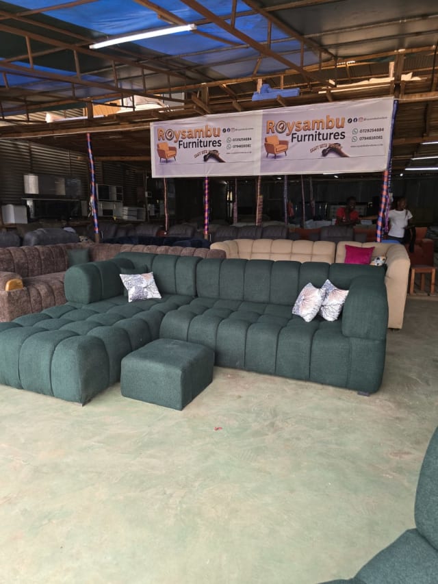 Dark Green Fabric L-Shape with Ottoman