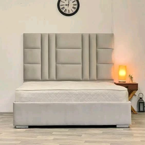 Panelled Upholstered Bed Frame – Light Grey