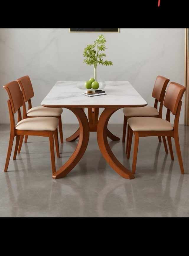 Marble-Top Dining Set with Curved Wood Base & 6 Chairs