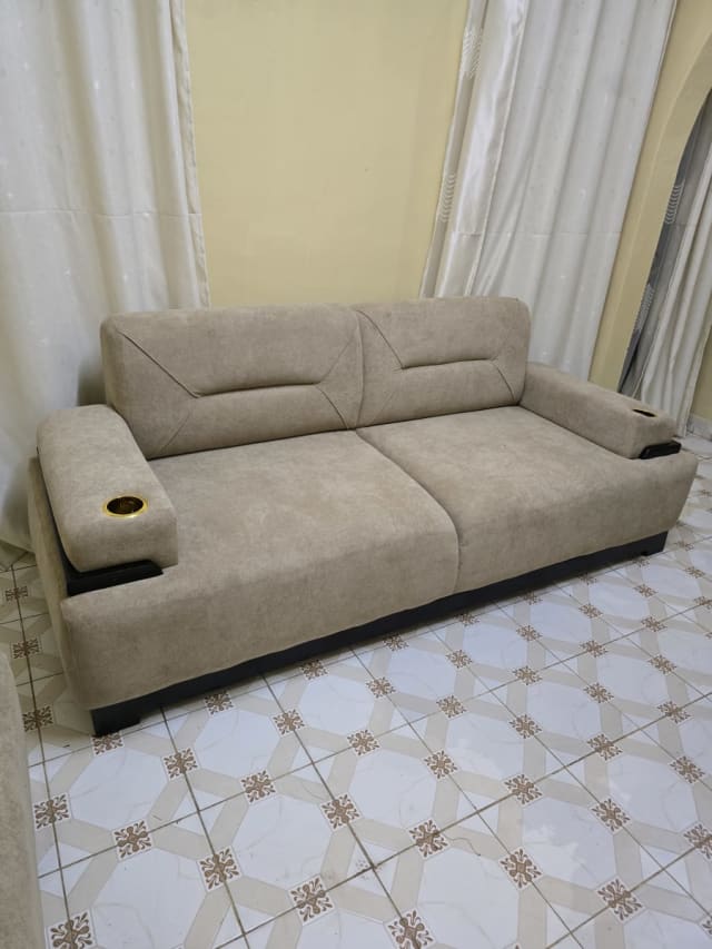 Beige Cinema-Style 2-Seater Sofa with Cup Holders