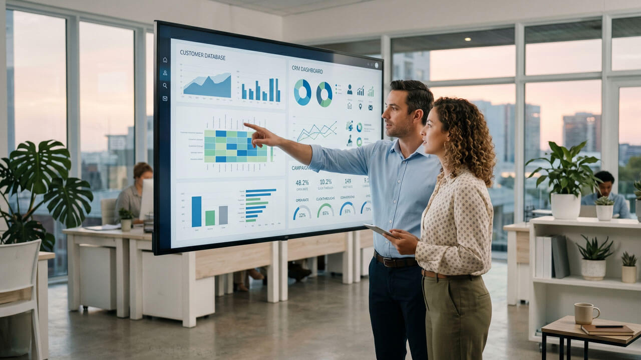 Estrategista analisando métricas de e-mail marketing e banco de dados de clientes