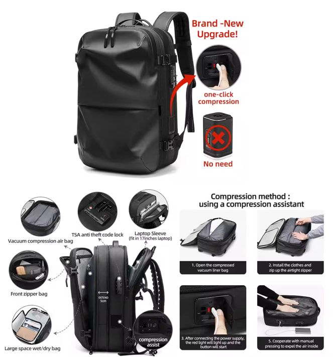 Zaino da Viaggio Compattabile con Compressione Elettrica integrata - Immagine 2