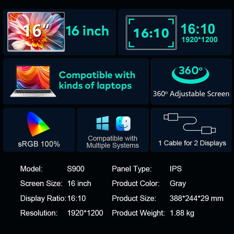 Doppio Monitor per Portatile  da 16" pollici Ruotabile 360° - Immagine 3