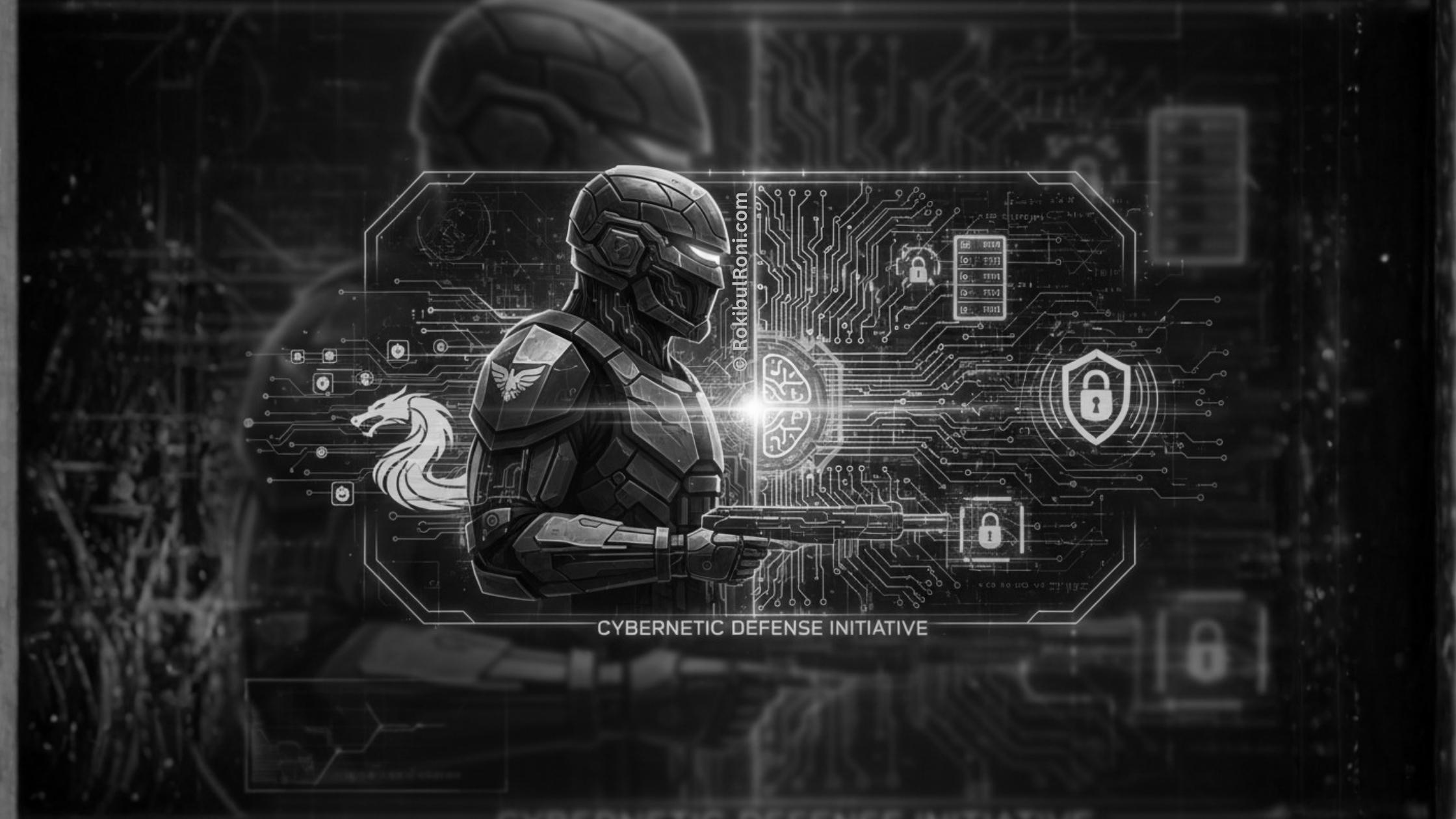 Cybernetic defense soldier monitoring digital shields and networks in a futuristic command interface.