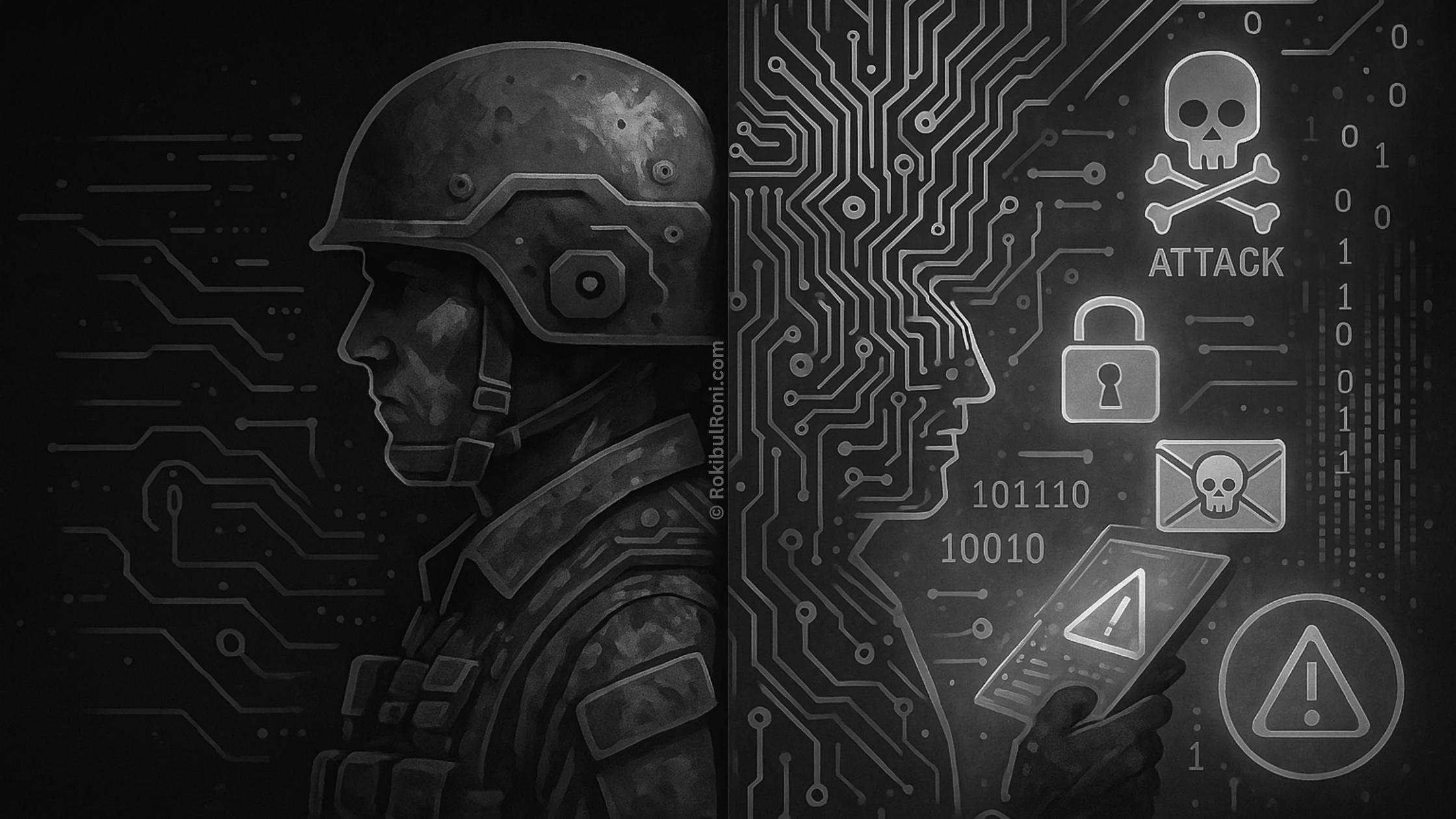 Soldier merging with circuit patterns, illustrating the convergence of human warfare and cyber operations.