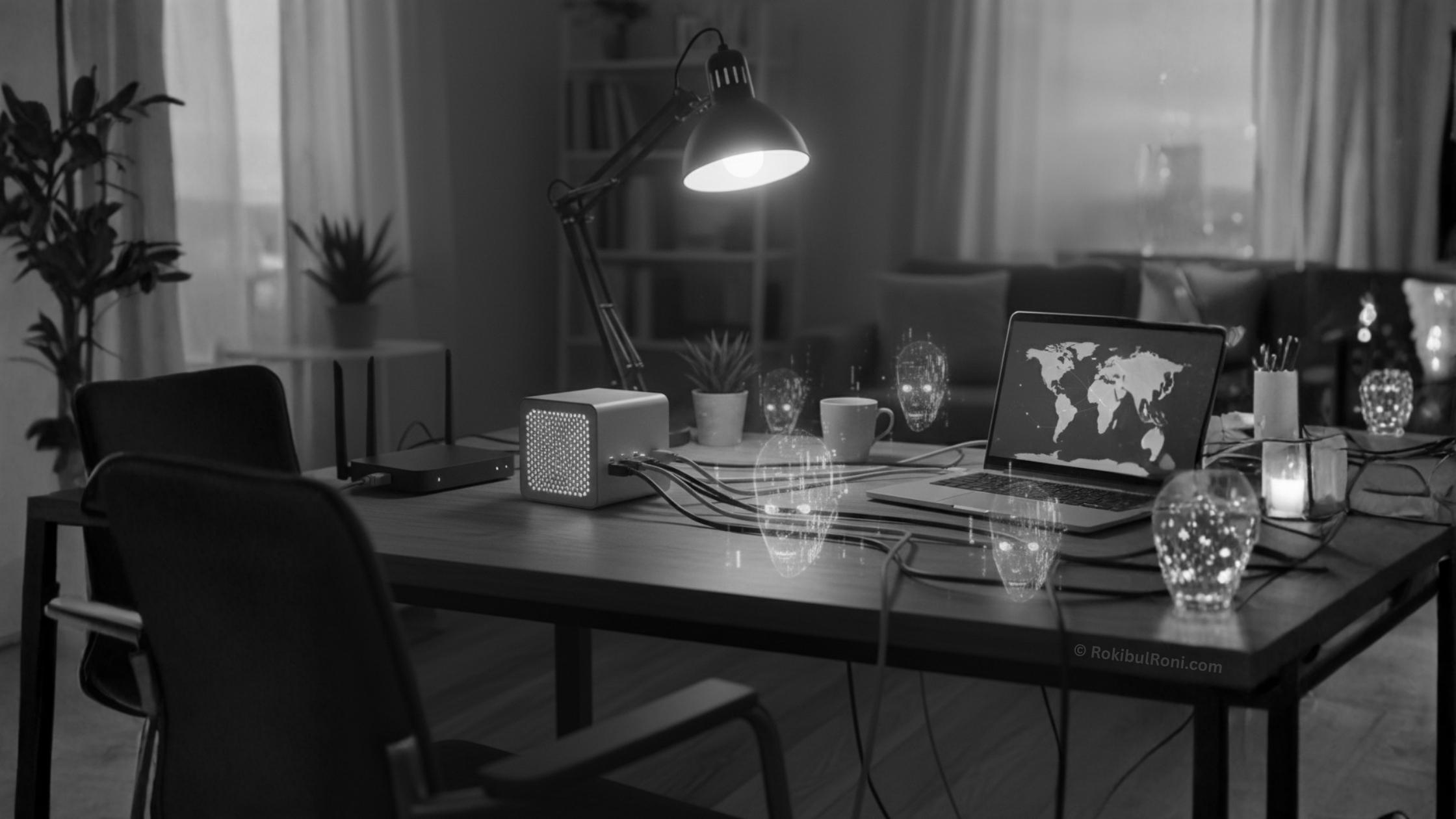 Blue and red holographic AI figures divided by a glowing fracture through a digital map, symbolizing cyber competition and data warfare between human-made intelligence systems.