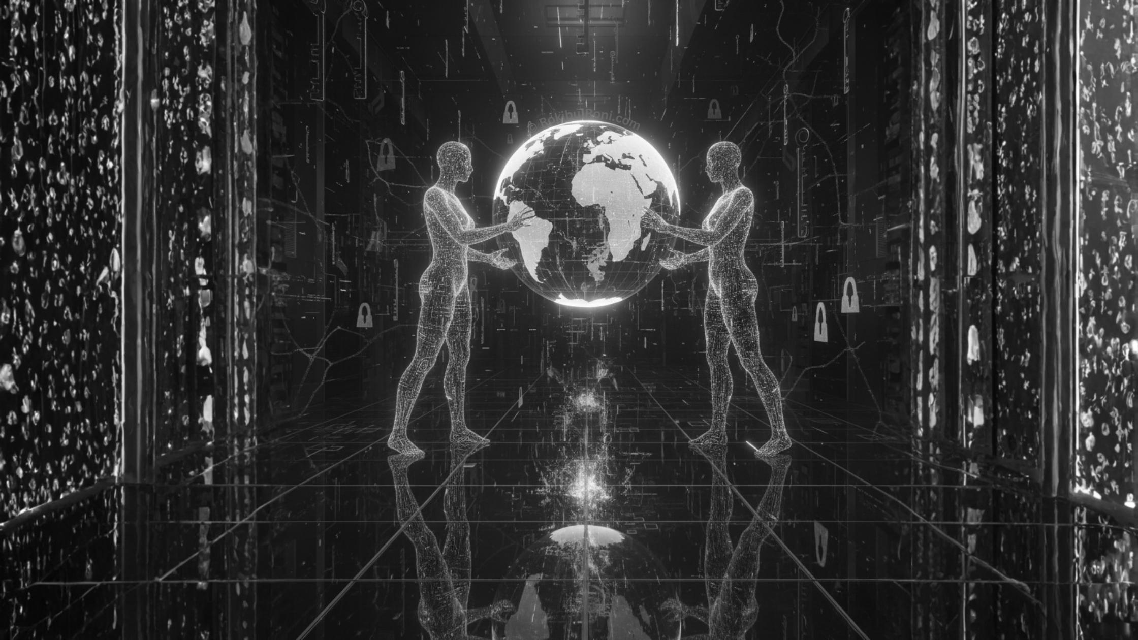 Two luminous AI entities, one blue and one red, holding a holographic globe between them inside a data center, surrounded by encryption keys and neural networks — symbolizing the future struggle for AI dominance and digital sovereignty.