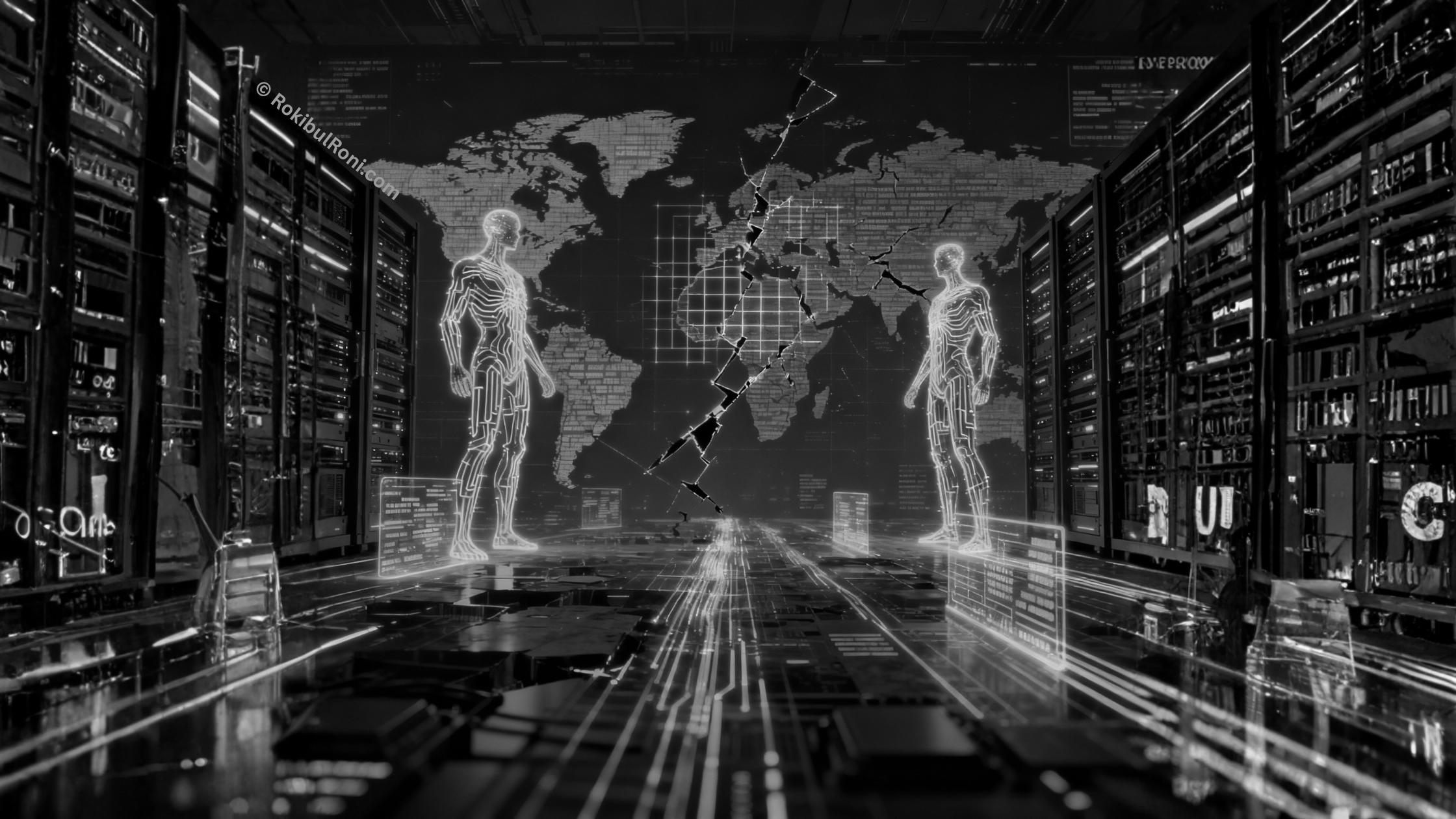 A quiet home desk setup with a small glowing AI server connected to multiple cables, projecting digital faces and world maps — representing how personal devices can host powerful open-source AI systems with unseen global reach.