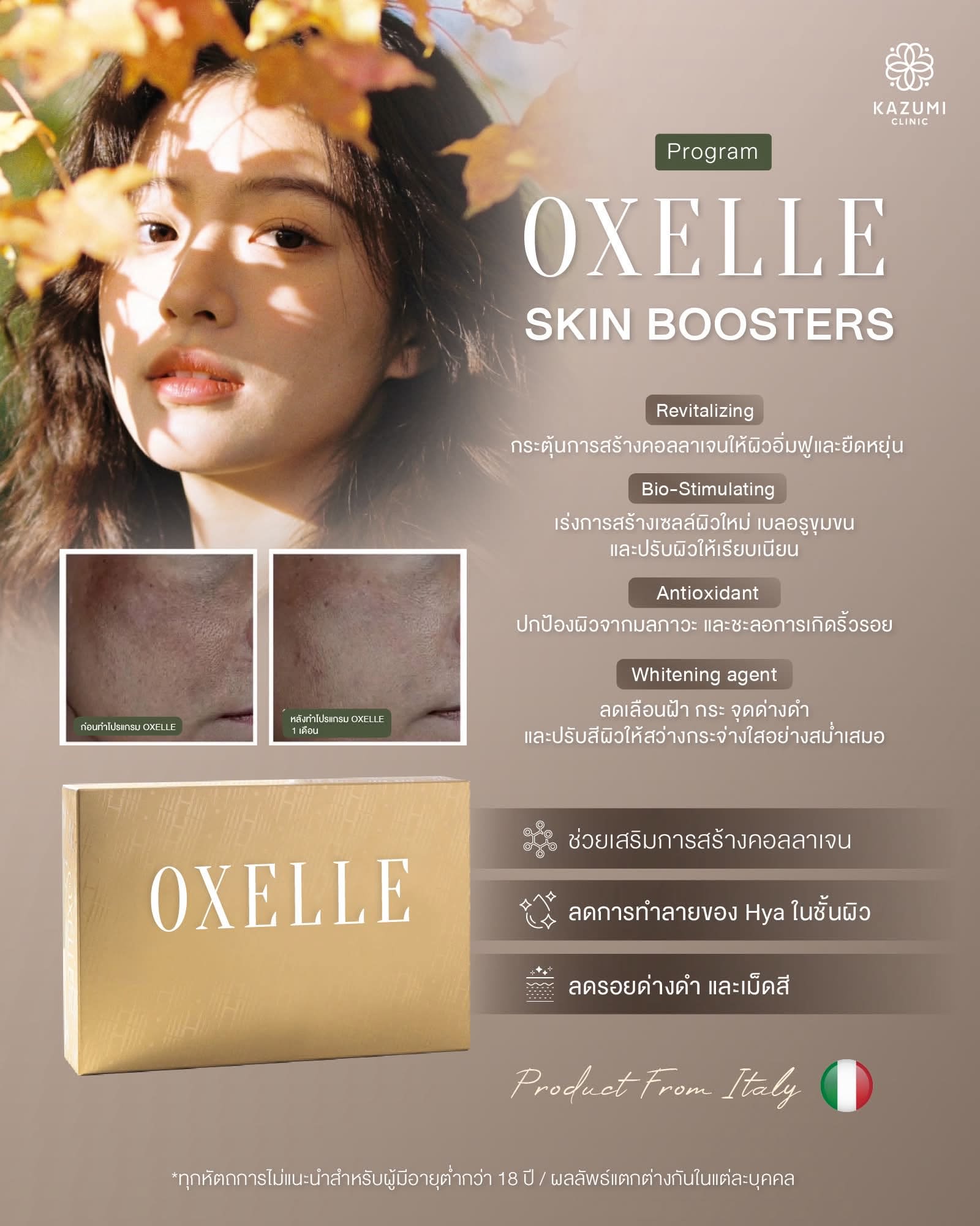 โปสเตอร์ Oxelle Skin Boosters พร้อมภาพผิวก่อนและหลัง