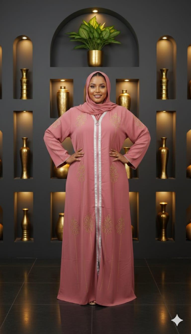 pink abaya with gold embroidery,