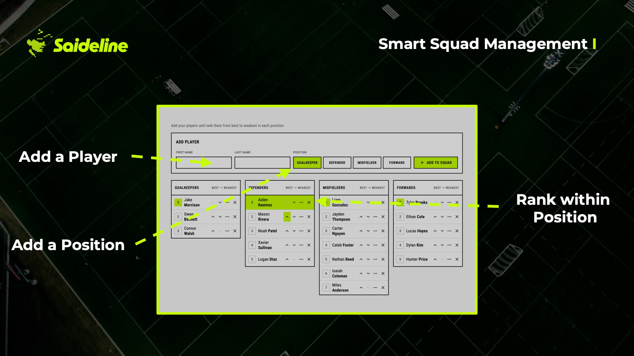Squad ranking in Saideline with players grouped by position and reordered by drag and drop