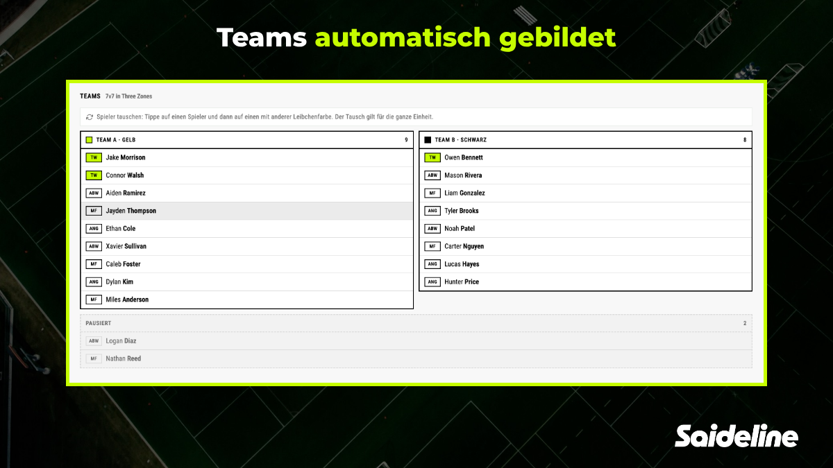Saideline-Teamansicht mit Team A (Gelb) und Team B (Schwarz) sowie den pausierten Spieler:innen