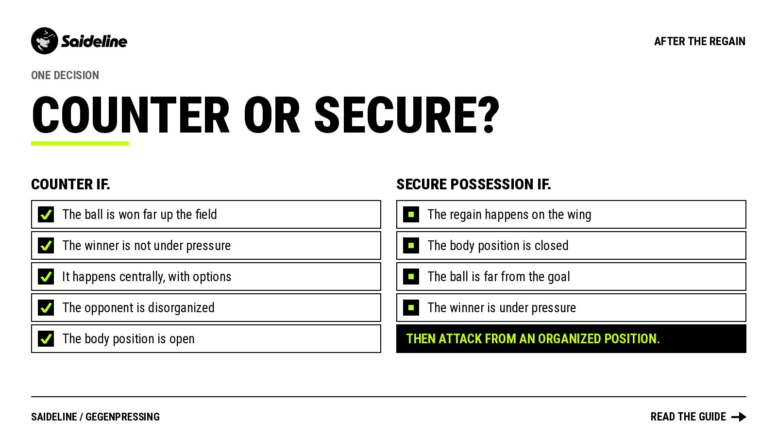 Decision after a regain: counter if the ball is won high and central, secure possession if not