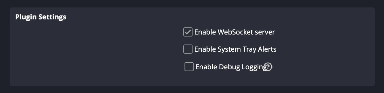 Plugin Settings WebSocket Server Settings