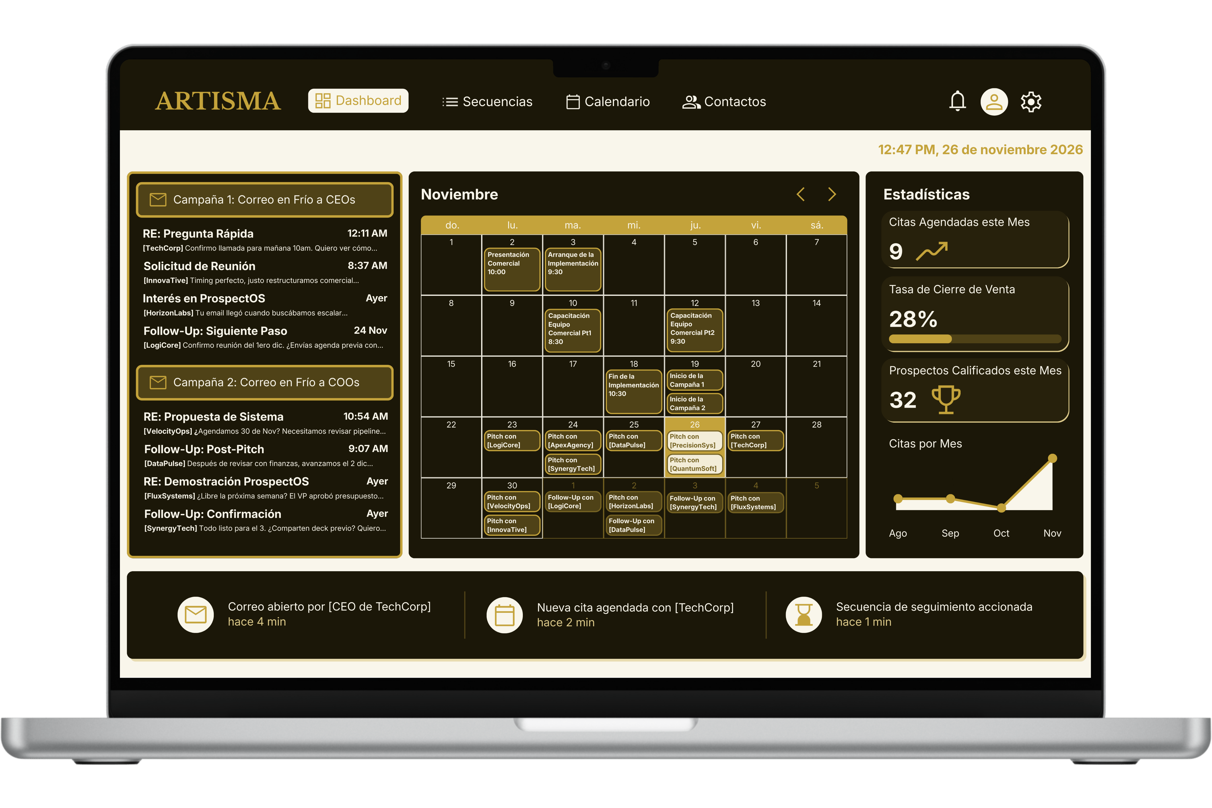 Dashboard de Artisma con calendario, secuencias y métricas de prospección B2B