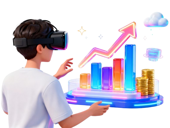 Person wearing VR headset interacting with financial data visualization
