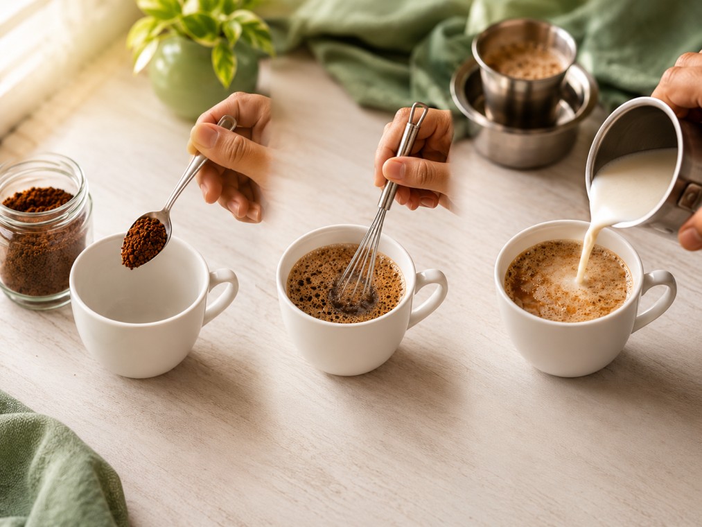 Stirring instant coffee into a cup