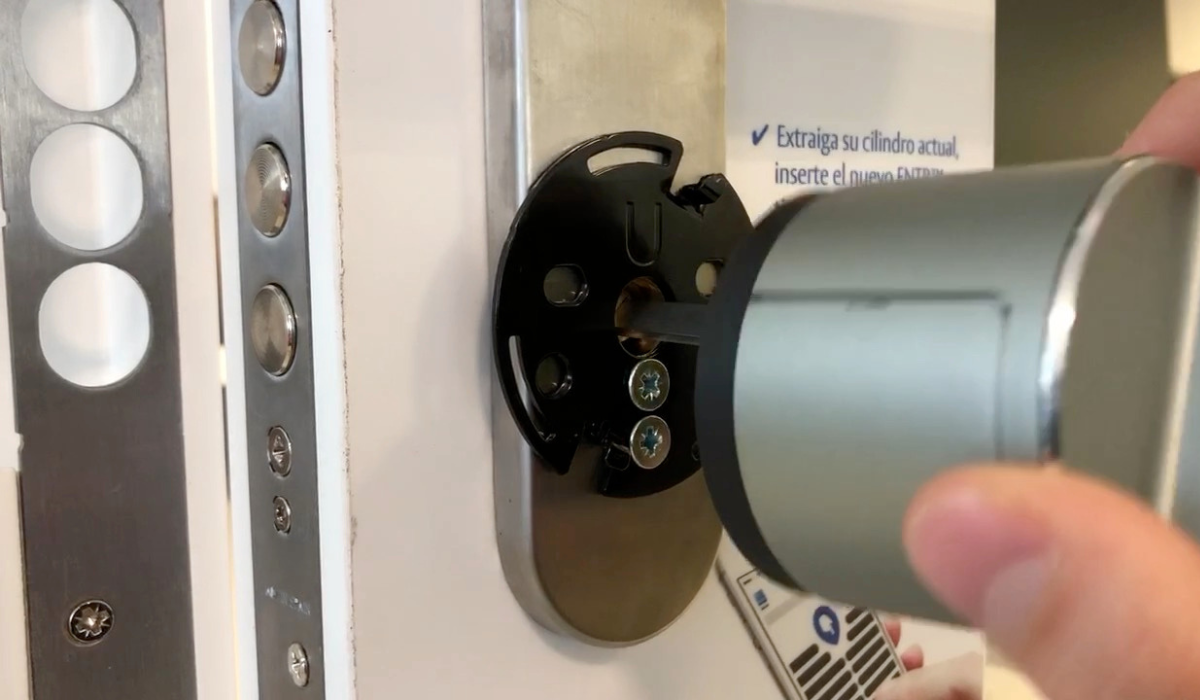 A picture that shows LockGuard being installed on a demo door