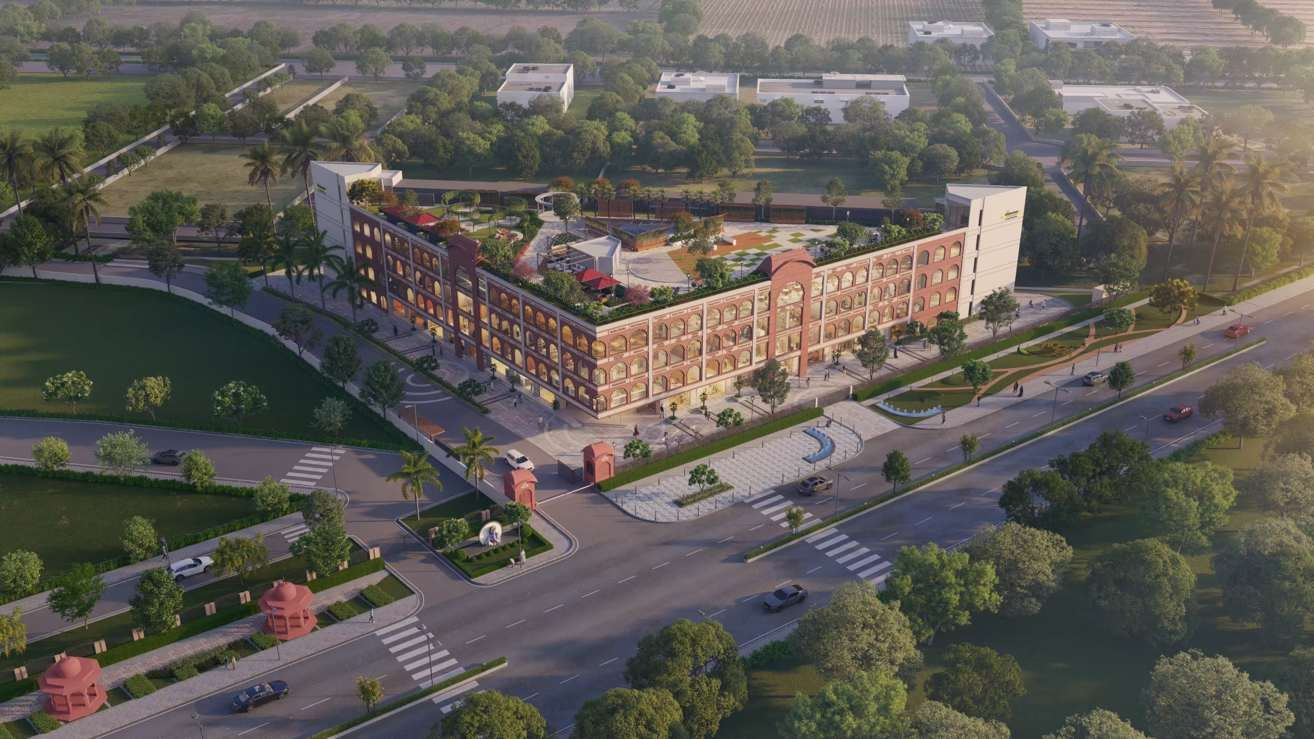 Aerial architectural view of Krishna Bhumi Arcade and its landscaped retail complex in Vrindavan