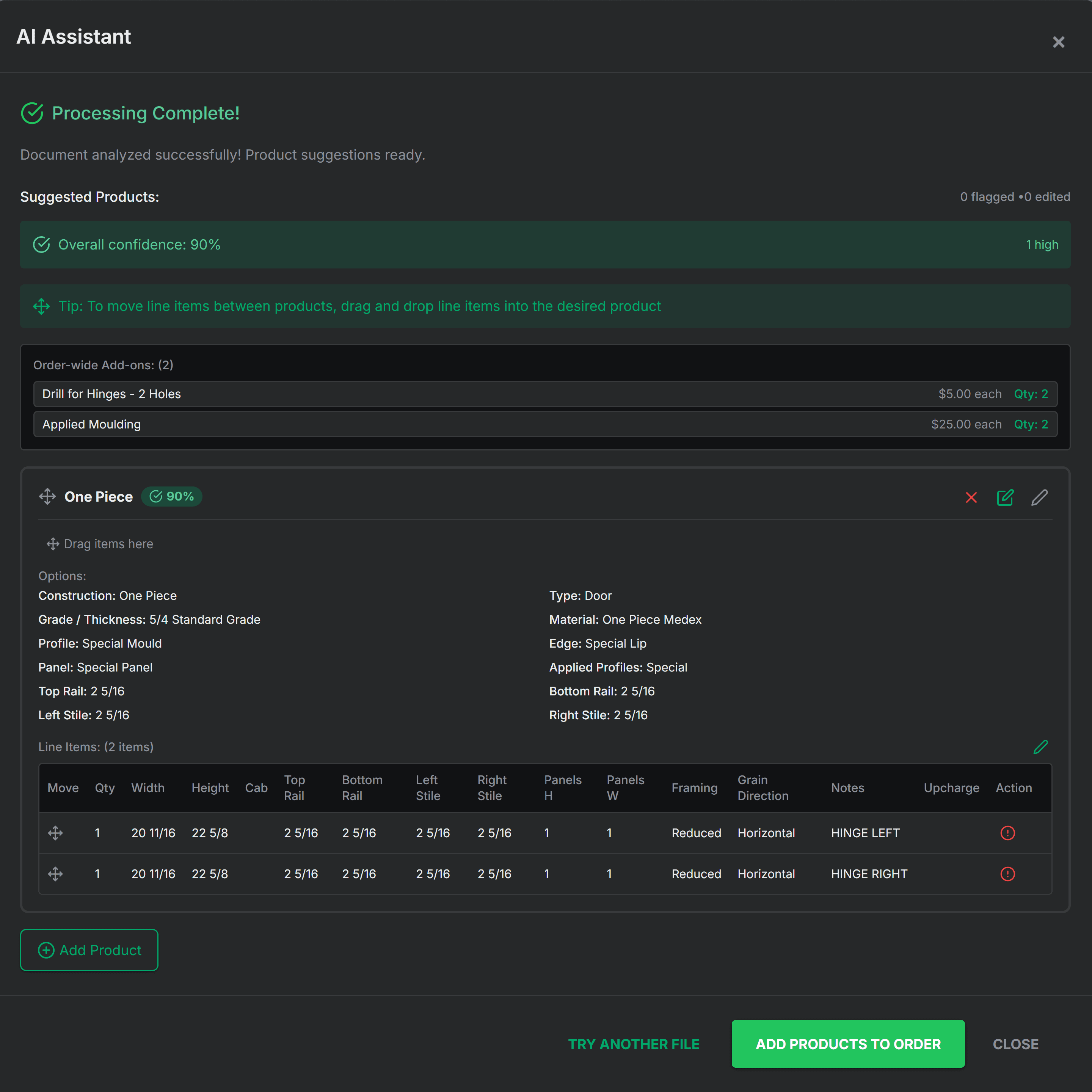AI interface extracting cabinet specifications from a PDF document, showing parsed dimensions, materials, and hardware in structured fields