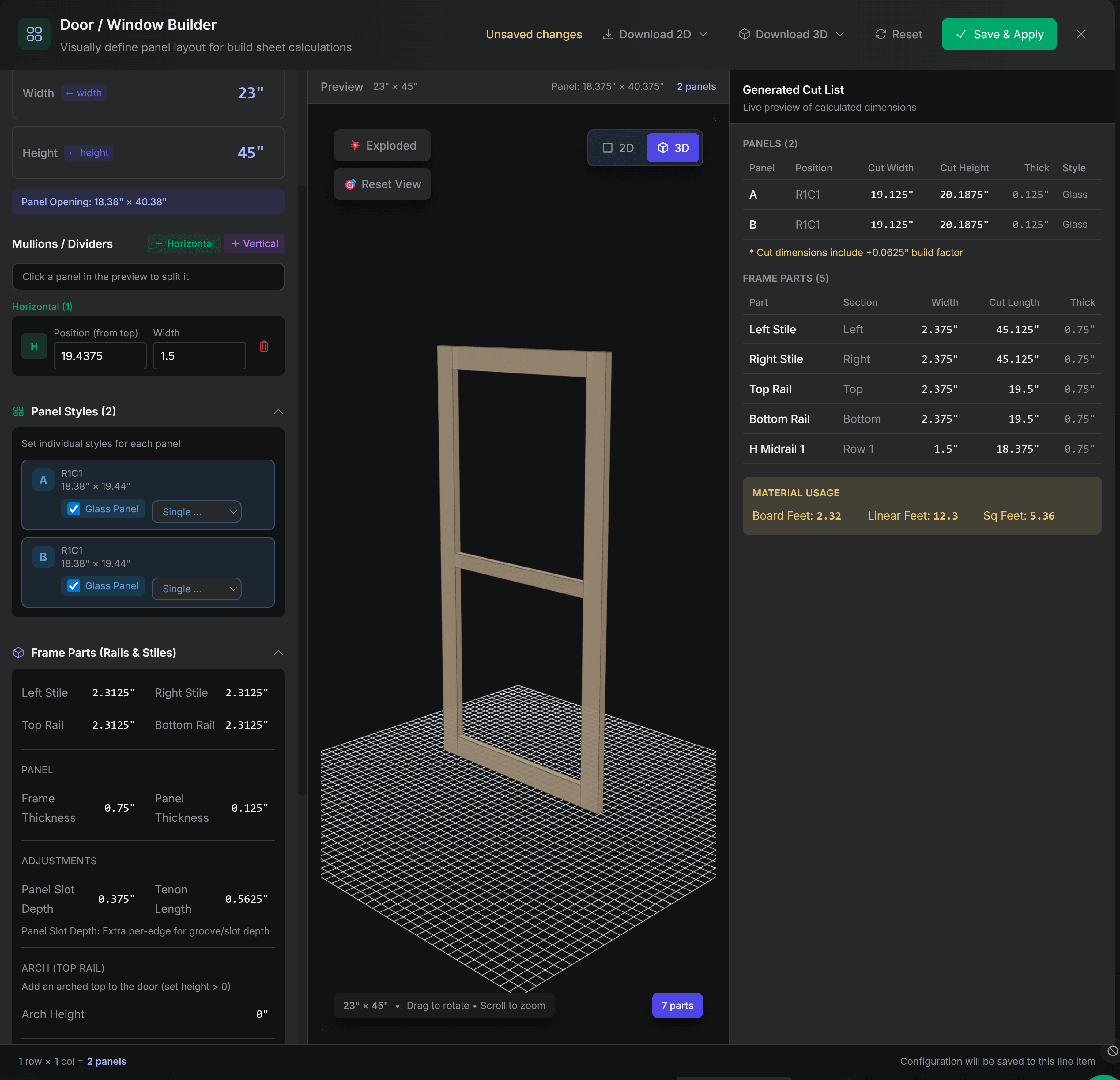 Split-screen showing cabinet configurator on left and generated build sheet with materials list on right