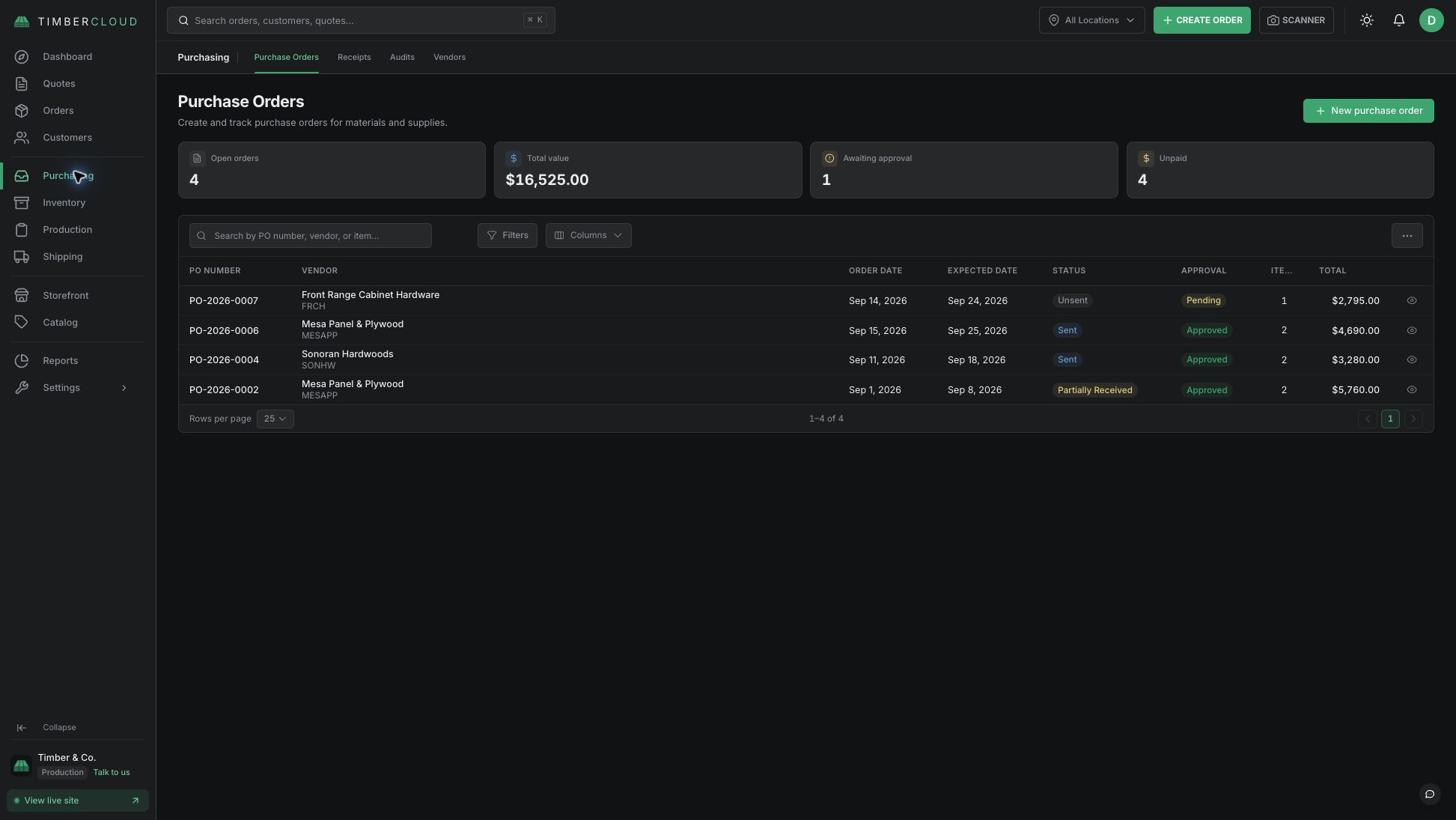 The purchase order list showing vendor, approval, and receiving status