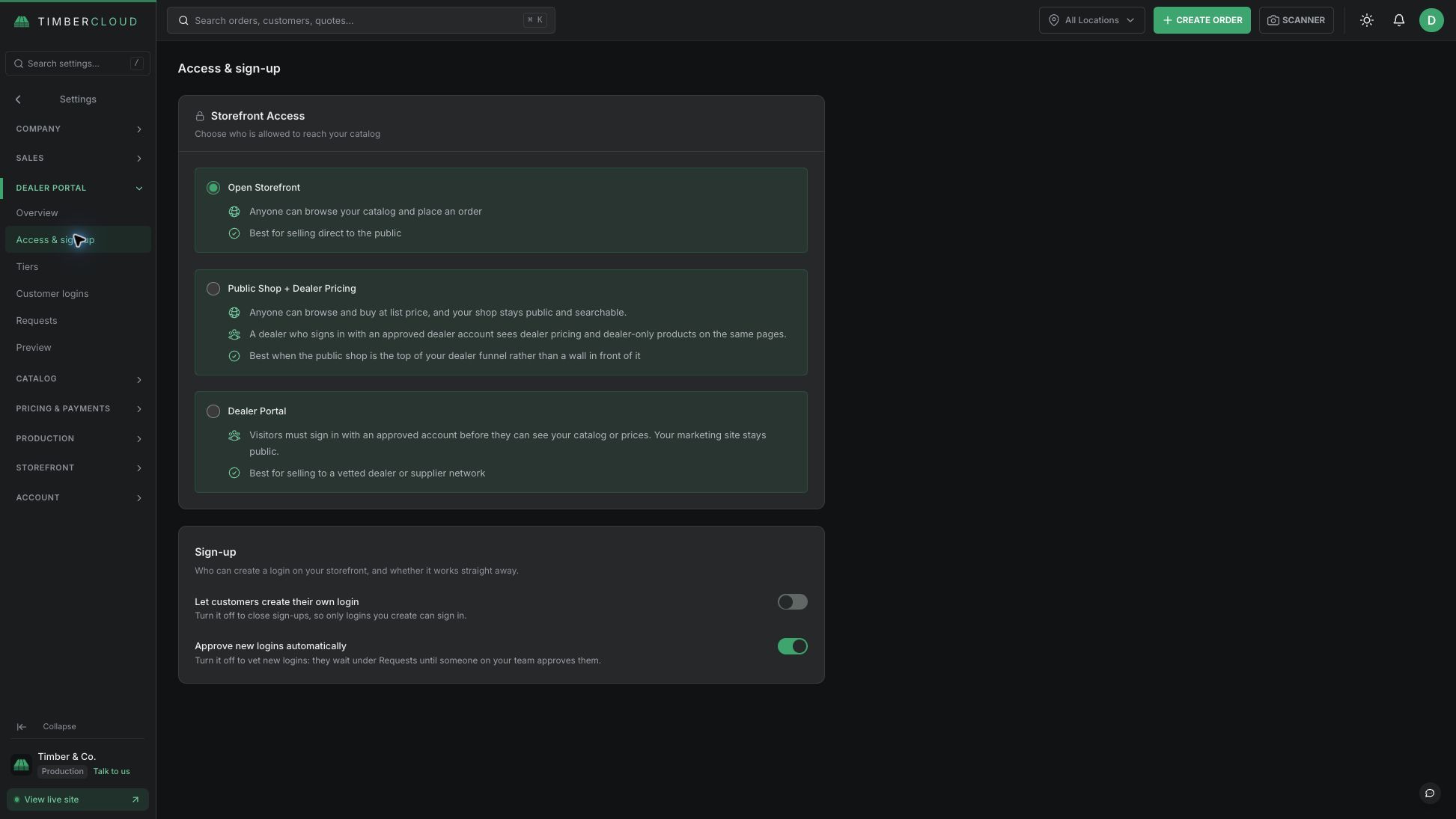 Dealer portal access options: open, hybrid, and private