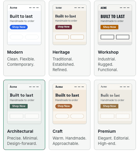 Six website themes: Modern, Heritage, Workshop, Architectural, Craft, and Premium