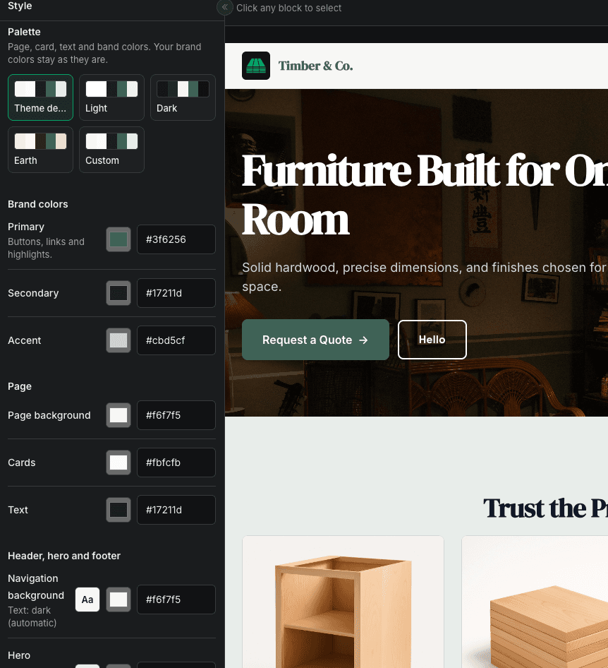 The Style panel with palette presets and brand color fields beside a live site preview
