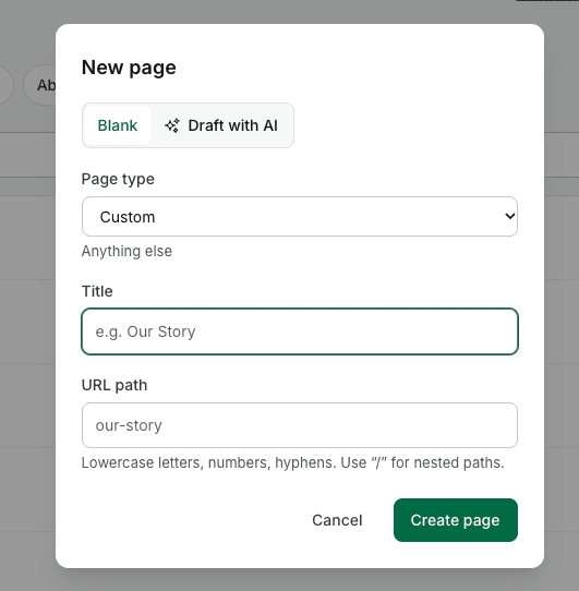 The New page dialog with Blank and Draft with AI options, page type, title, and URL path