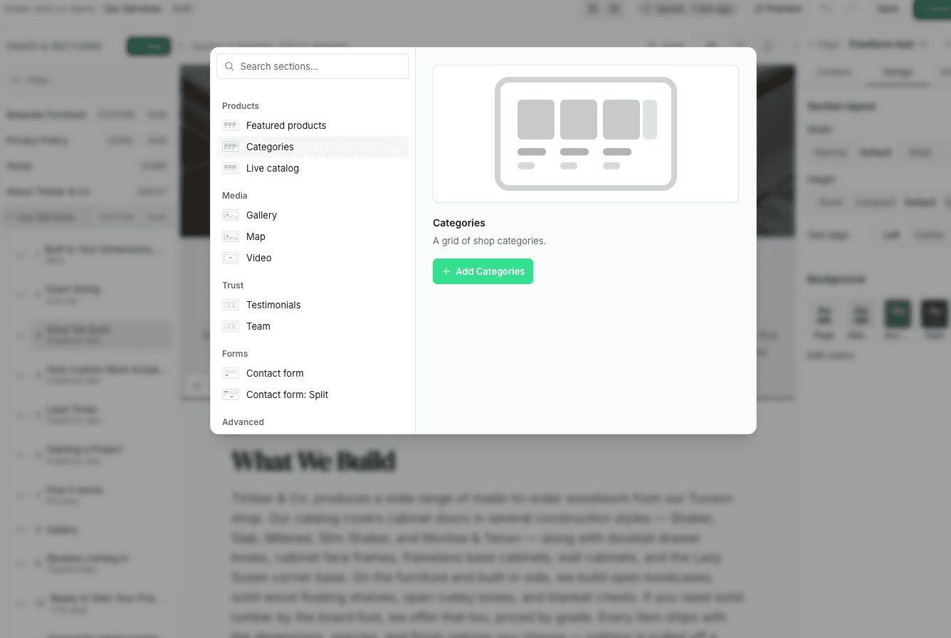 The section library listing product, media, trust, and form sections with a preview