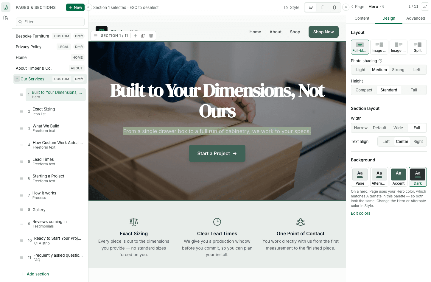 The page editor with the page and section list, a live canvas, and layout and background controls