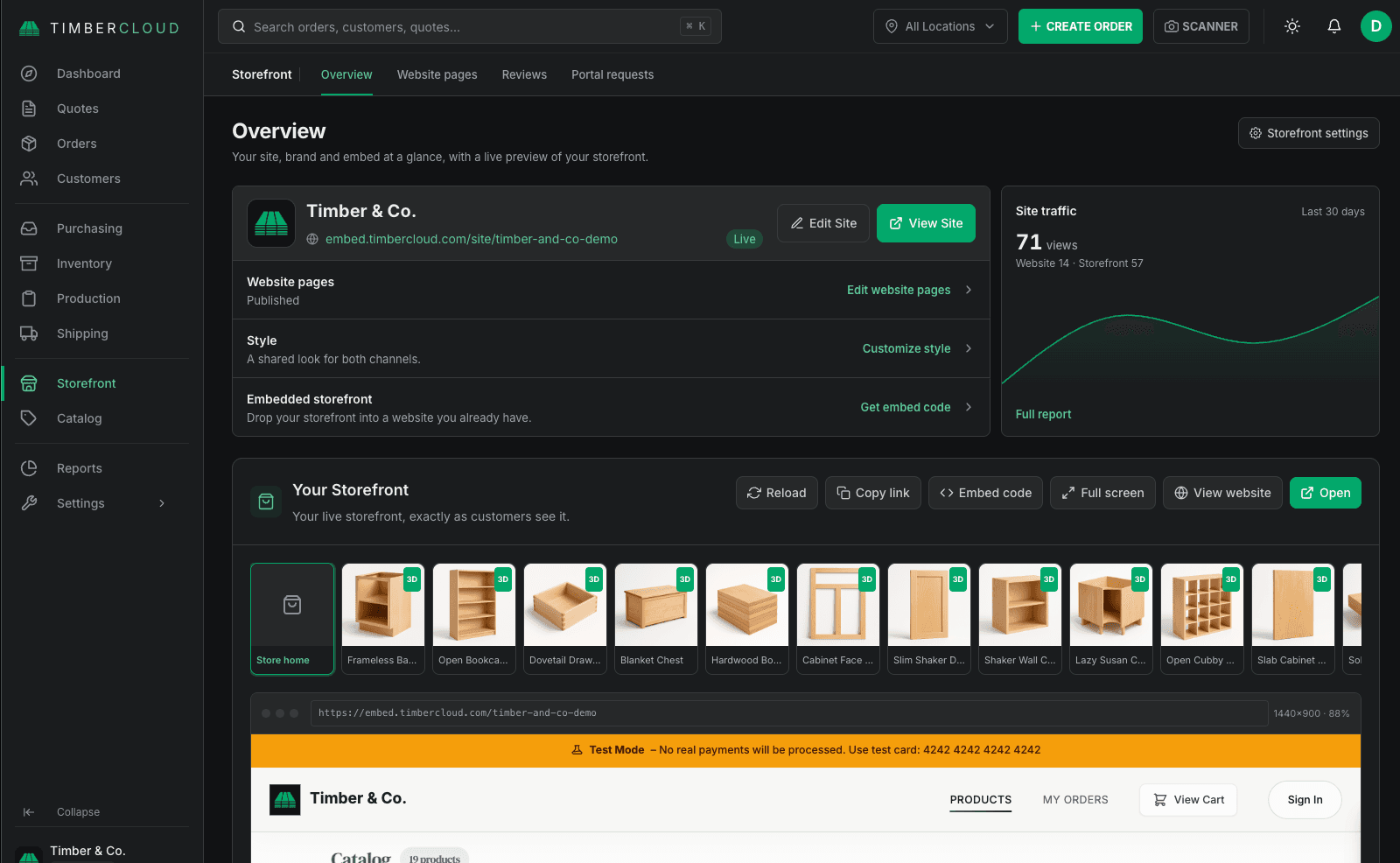 The Storefront overview showing the site status, style, embed code, site traffic, and a live storefront preview