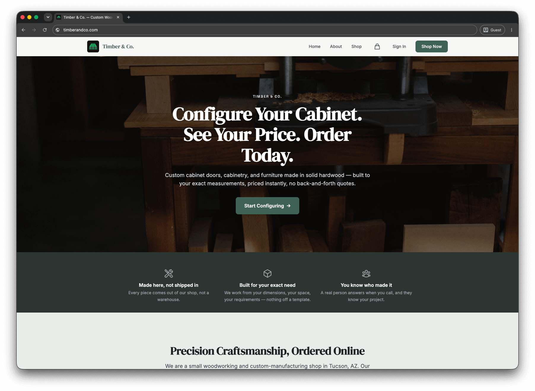 A published demo woodworking website with a hero, a Start Configuring button, and shop highlights