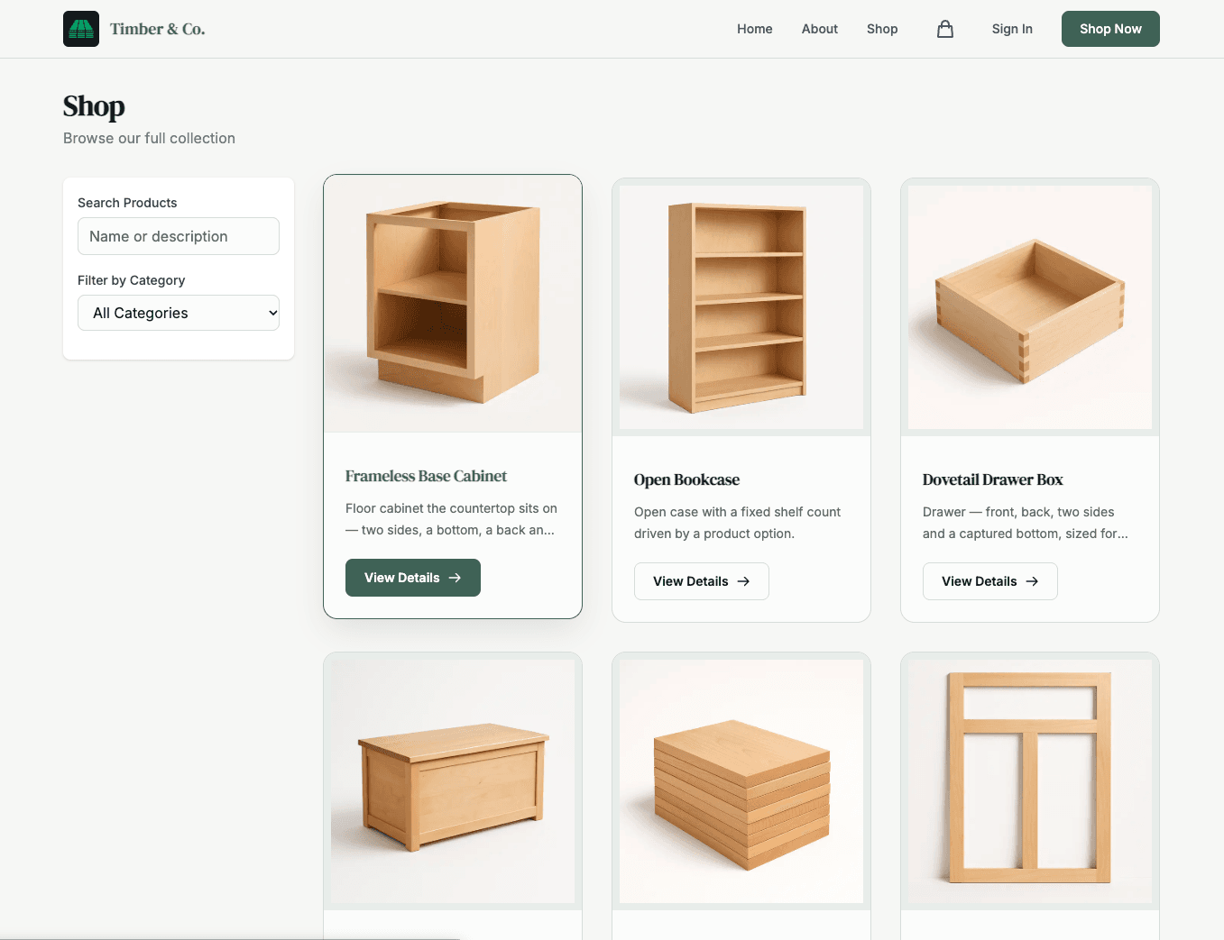 The storefront Shop page with product search, a category filter, and product cards