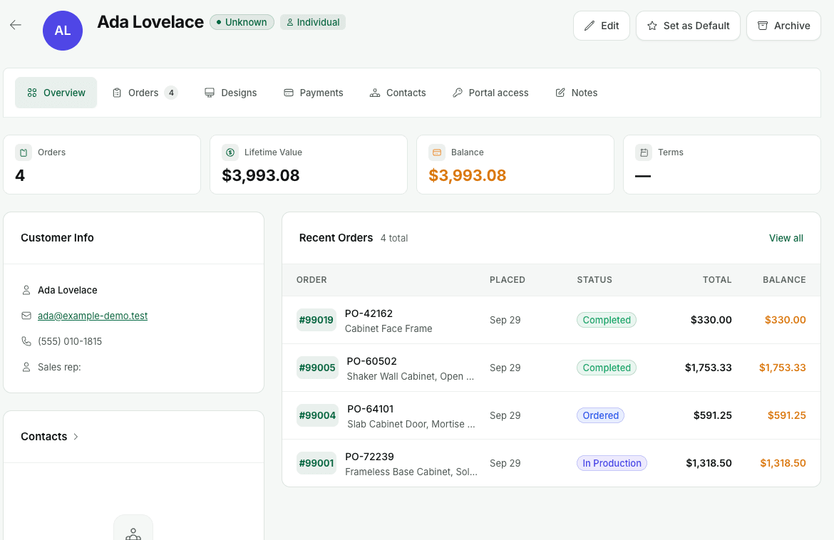TimberCloud customer profile showing recent orders, order statuses, balances and access to designs, payments and contacts using demo data.