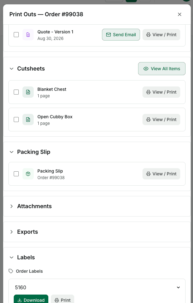TimberCloud order printouts panel with item cut sheets, a quote, packing slip and order-label controls for a demo furniture order.