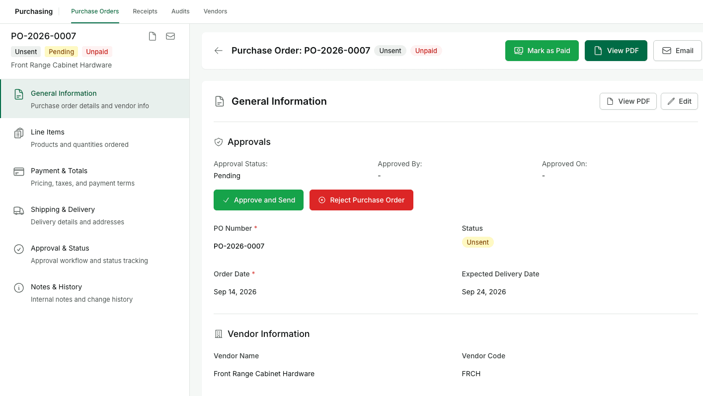 TimberCloud purchase order details showing a demo vendor, pending approval, order date, expected delivery and PDF controls.