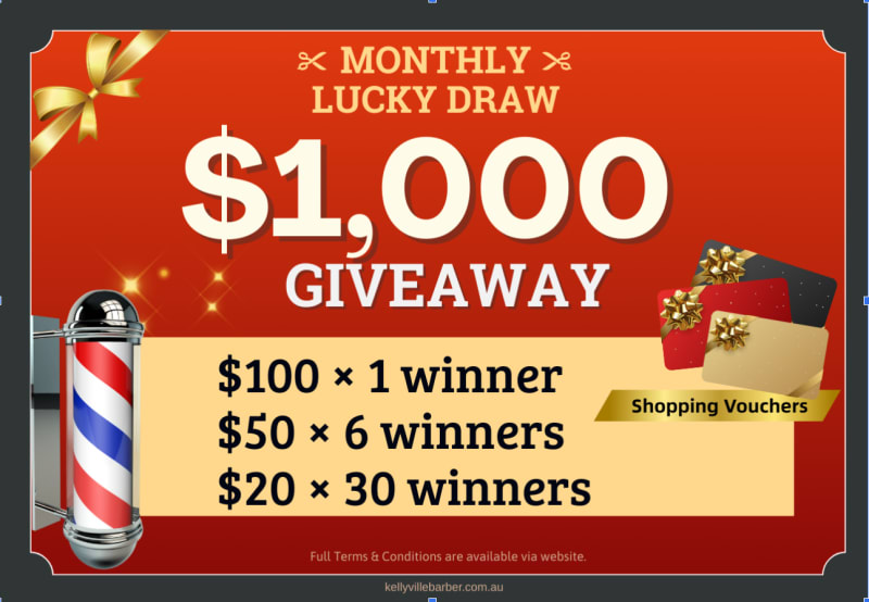 Monthly Lucky Draw flyer from The Grooming Room Barbershop in Kellyville featuring a $1,000 giveaway.