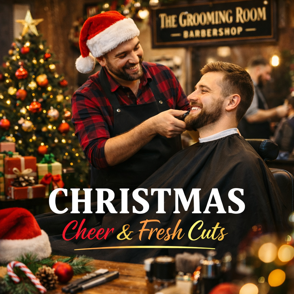 Barber giving a fresh beard trim to a smiling customer at The Grooming Room Barbershop during Christmas, with festive decorations and a Christmas tree in the background.