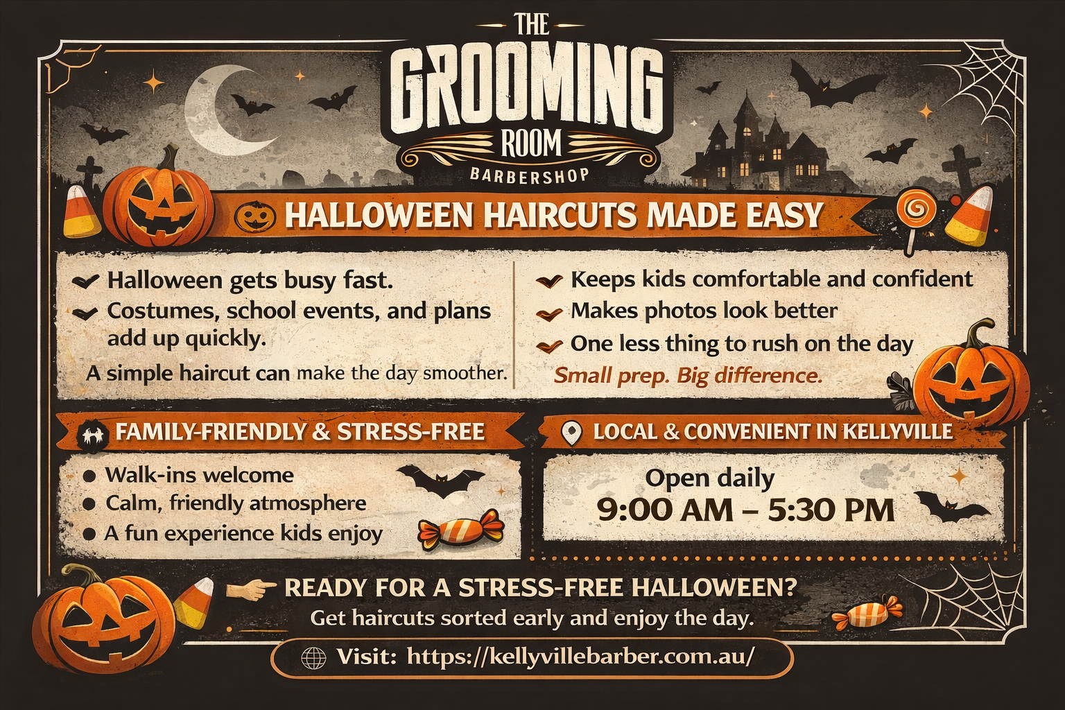 Halloween-themed poster by The Grooming Room Barbershop promoting stress-free kids’ haircuts, family-friendly service, and local convenience in Kellyville.
