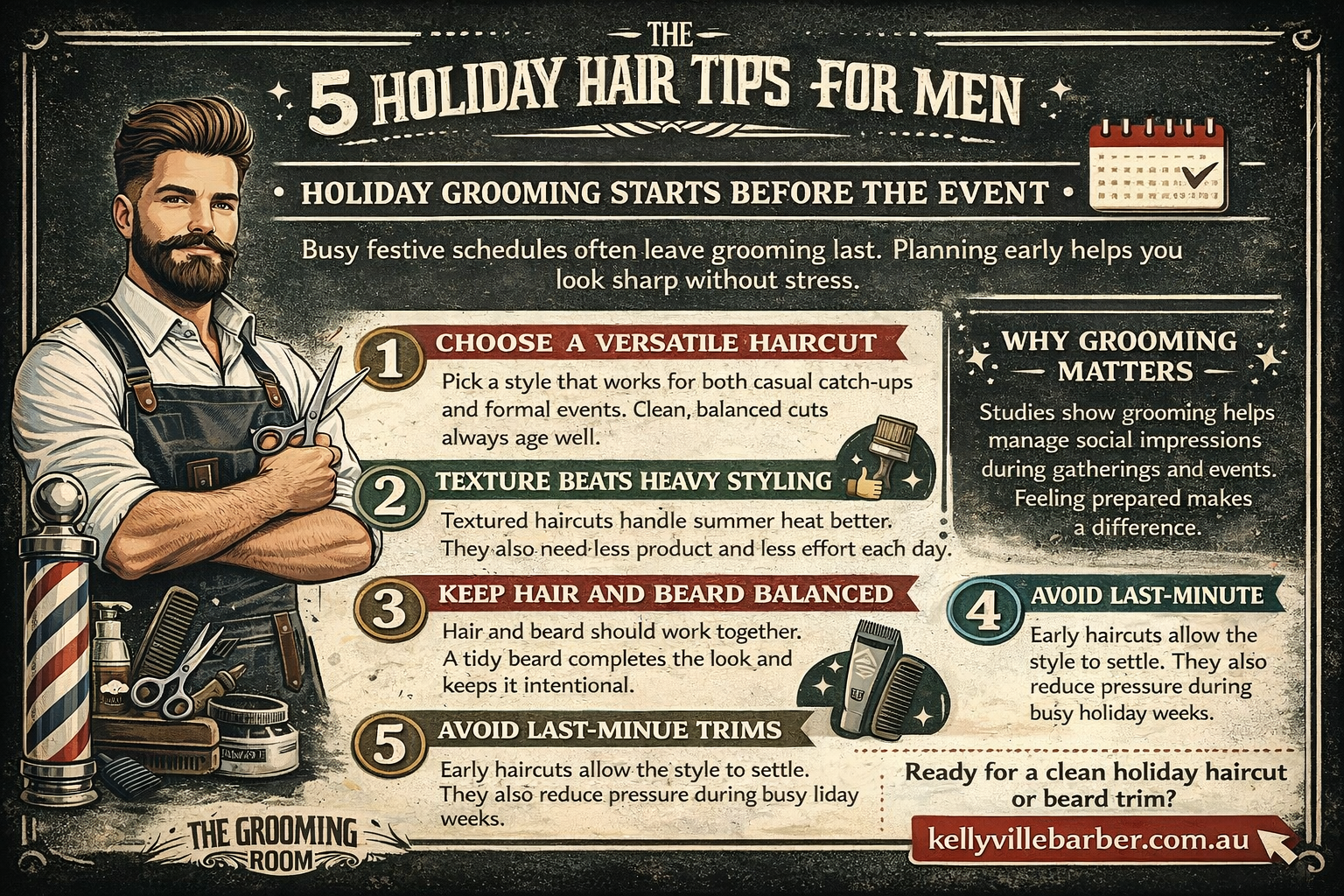 Infographic by The Grooming Room Barbershop showing five holiday hair tips for men, including planning early, choosing versatile haircuts, balancing hair and beard, and avoiding last-minute trims.