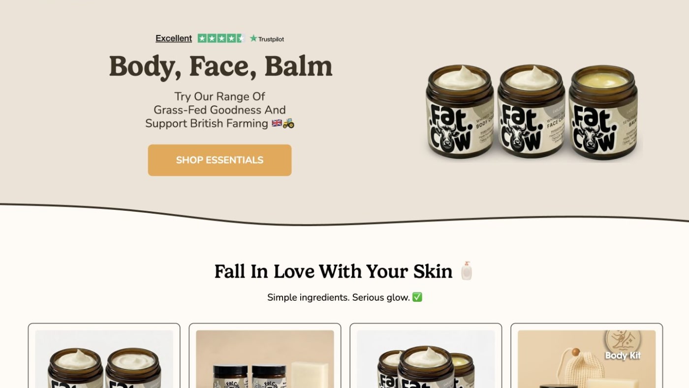 Fat Cow Skincare website screenshot