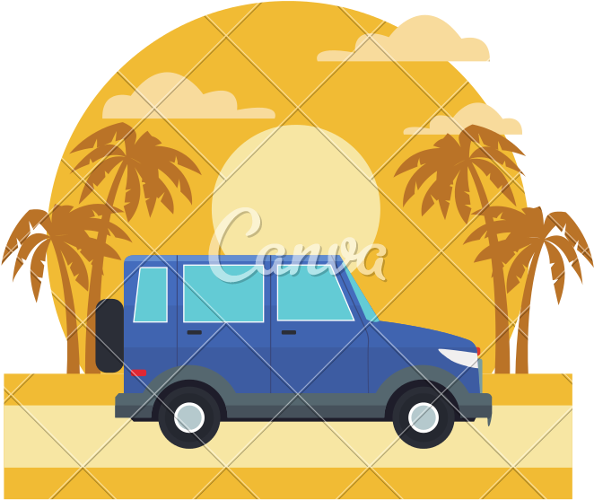 Suv Sport Vehicle On Sunset Landscape - Vector Graphics - Transparent PNG Free Download