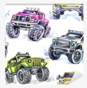 Watercolor Seamless Pattern Cartoon Monster Trucks - Monster Truck Watercolor - Transparent PNG Free Download