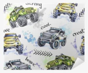 Watercolor Seamless Pattern Cartoon Monster Trucks - Watercolor Painting - Transparent PNG Free Download